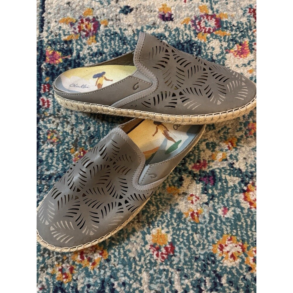 Olukai Women’s Kaula Olu’ili Poi Espadrilles Mule Perforated Gray Size 8/38